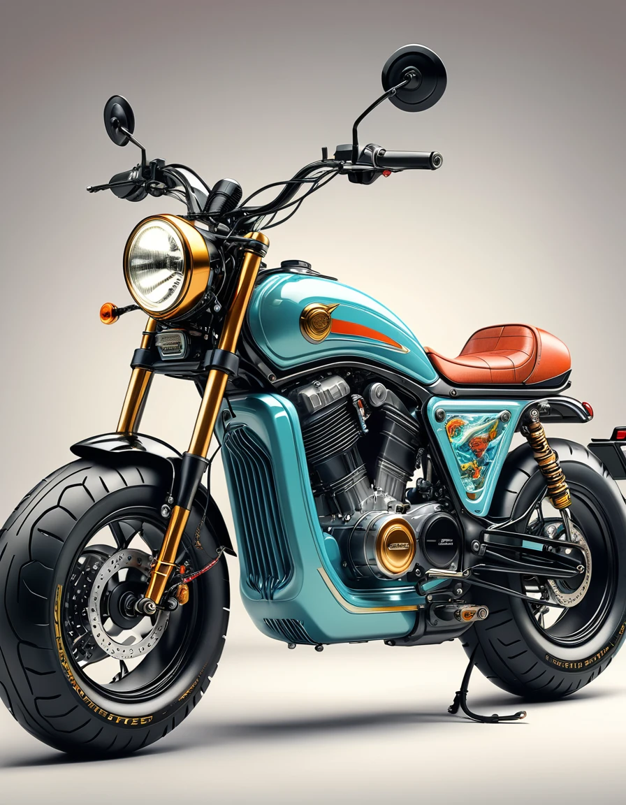 a retro-colored, digital illustration style, an electric motorcycle (with a novel, unique style), (with a perfect anatomical structure), masterpiece, extremely detailed, photorealistic, best quality, exquisite texture, high-quality artwork by a master artist,Tire details,