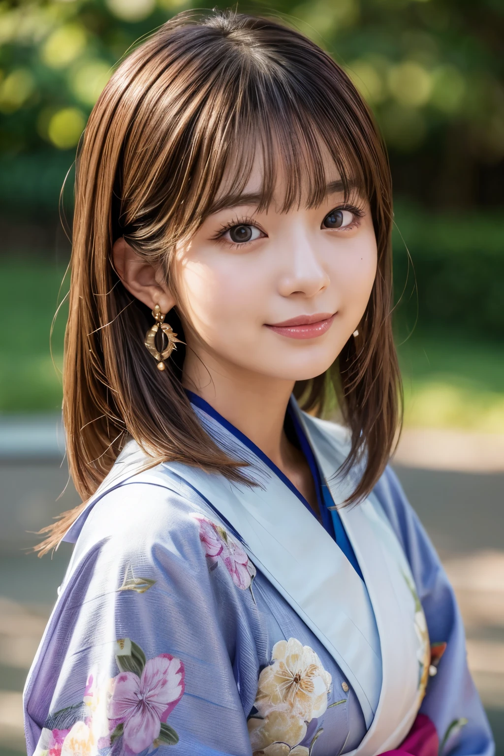 Upper Body、Beauty、Well-formed face、Wearing a gorgeous Japanese kimono、20-year-old、Uniform eyes、Small face、, light brown hair, hair over shoulder, parted bangs, straight hair, expressive hair, shiny hair, earrings, seductive smile, kanzashi, nihongami, Surrealism, cinematic lighting, first-person view, pov, f/1.2, Nikon, UHD, textured skin, best quality, highres, 8k