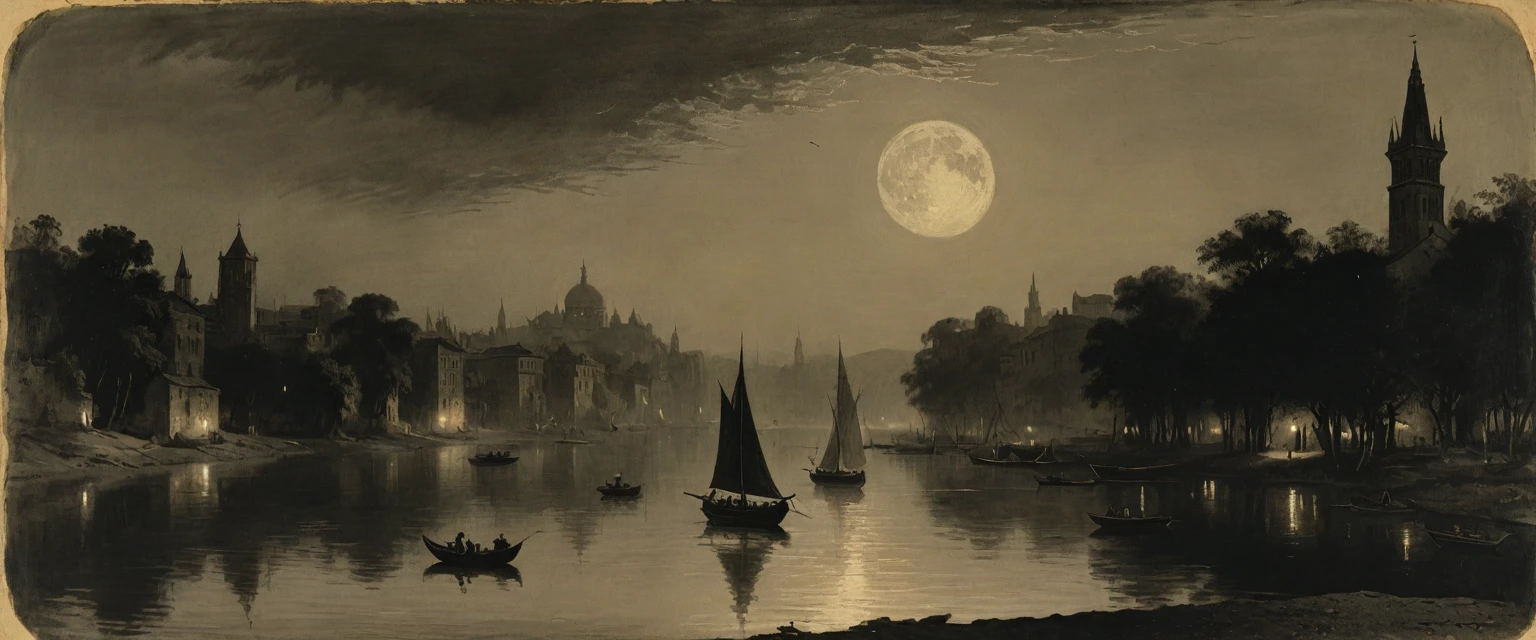 {{monochrome daguerreotype on old paper}}, by ((Joseph Mallord William Turner)), ( by Moebius Jean Giraud), (by James McNeill Whistler), the composition is: (((the distant Dusk view of an ancient city with tall minarets))), ((there are two moons in the skies, in a river of lurid waters, in a jungle that is tropical, lush, with boats, lanterns and moths flying))