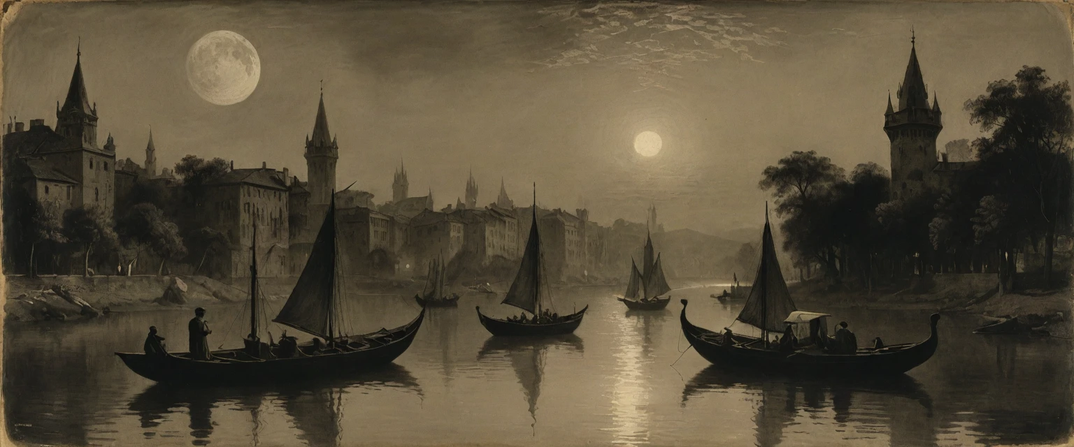 {{monochrome daguerreotype on old paper}}, by ((Joseph Mallord William Turner)), ( by Moebius Jean Giraud), (by James McNeill Whistler), the composition is:  (((the distant Dusk view of an ancient city with tall minarets))), ((there are two moons in the skies, in a river of lurid waters, in a jungle that is tropical, lush, with boats, lanterns and moths flying))
