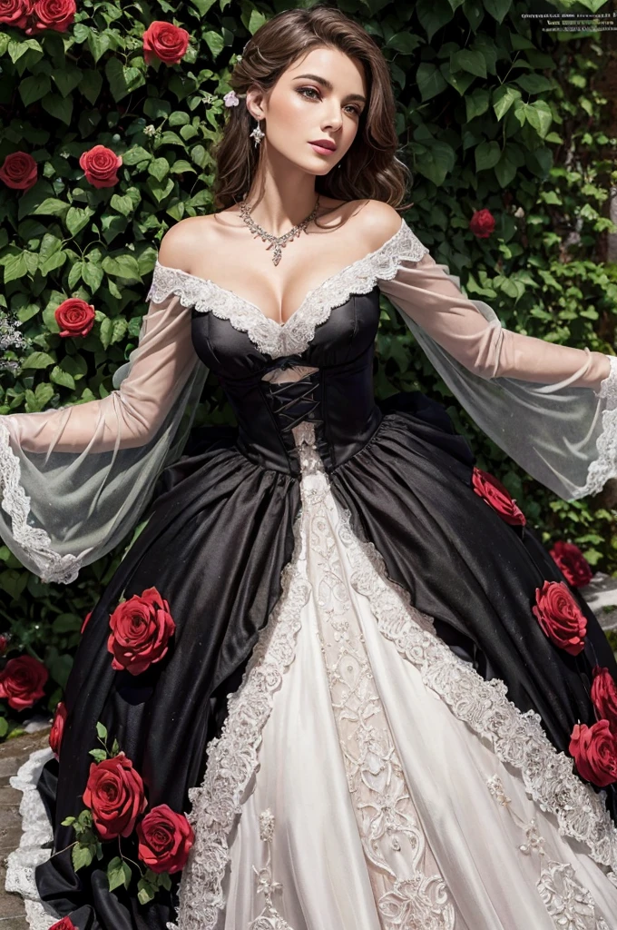 (meilleure qualité,Ultra-détaillé:1.2),photoréaliste:1.37,portrait,schéma de couleurs rouge et noir,Éclairage doux,fond de jardin de minuit,texture brillante,style magazine de mode haut de gamme,Expression audacieuse et confiante,cheveux flottants,posant contre un mur de pierre,debout sur un lit de roses,détails en dentelle sur le col,décolleté légèrement révélateur,motifs de dentelle délicats sur la robe,accents de bijoux éclatants,collier et boucles d&#39;oreilles en diamants étincelants,rouge à lèvres rouge dramatique,eye-liner précis et séduisant,des yeux magnifiquement formés avec de longs cils luxuriants,blush subtil sur les joues,Atmosphère séduisante et mystérieuse
