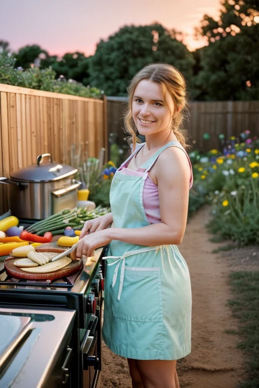 Wide Shot, magic hour, (Scarlett Emerson sautéing vegetables, cheerful look), soft pastel lighting, (in a backyard kitchen, wildflowers, twilight sky), (35mm lens, Fujifilm GFX 50R, vibrant hues, professional, outdoor photography, trending on 500px), by Ansel Adams and Alex Webb and Annie Leibovitz