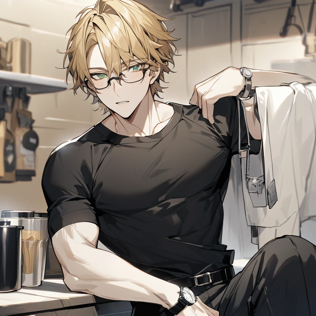 A beautiful young man, sunflower blonde hair, green eyes, snow white skin, slightly muscular, wears a black short-sleeved t-shirt with a round neck, along with glasses. The pants are light beige and are fastened with a black belt. On the left wrist, notice a silver watch. The right hand holds what appears to be a cup or container with a lid.