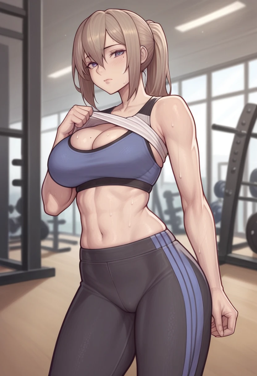 _asura style, 1girl, breasts, solo, navel, yoga_pants, mole_on_breast, cleavage, mole, large_breasts, sports_bra, pants, looking_at_viewer, sweat, long_hair, bangs, ass_visible_through_thighs, black_pants, blush, shirt_lift, clothes_lift, bra, bare_shoulders, closed_mouth, underwear, cowboy_shot, blurry_background, stomach, blue_bra, light_brown_hair, thigh_gap, brown_hair, sportswear, blurry, white_sports_bra, purple_eyes, mole_under_eye, indoors, standing, gym, hair_between_eyes, tank_top, tight_pants