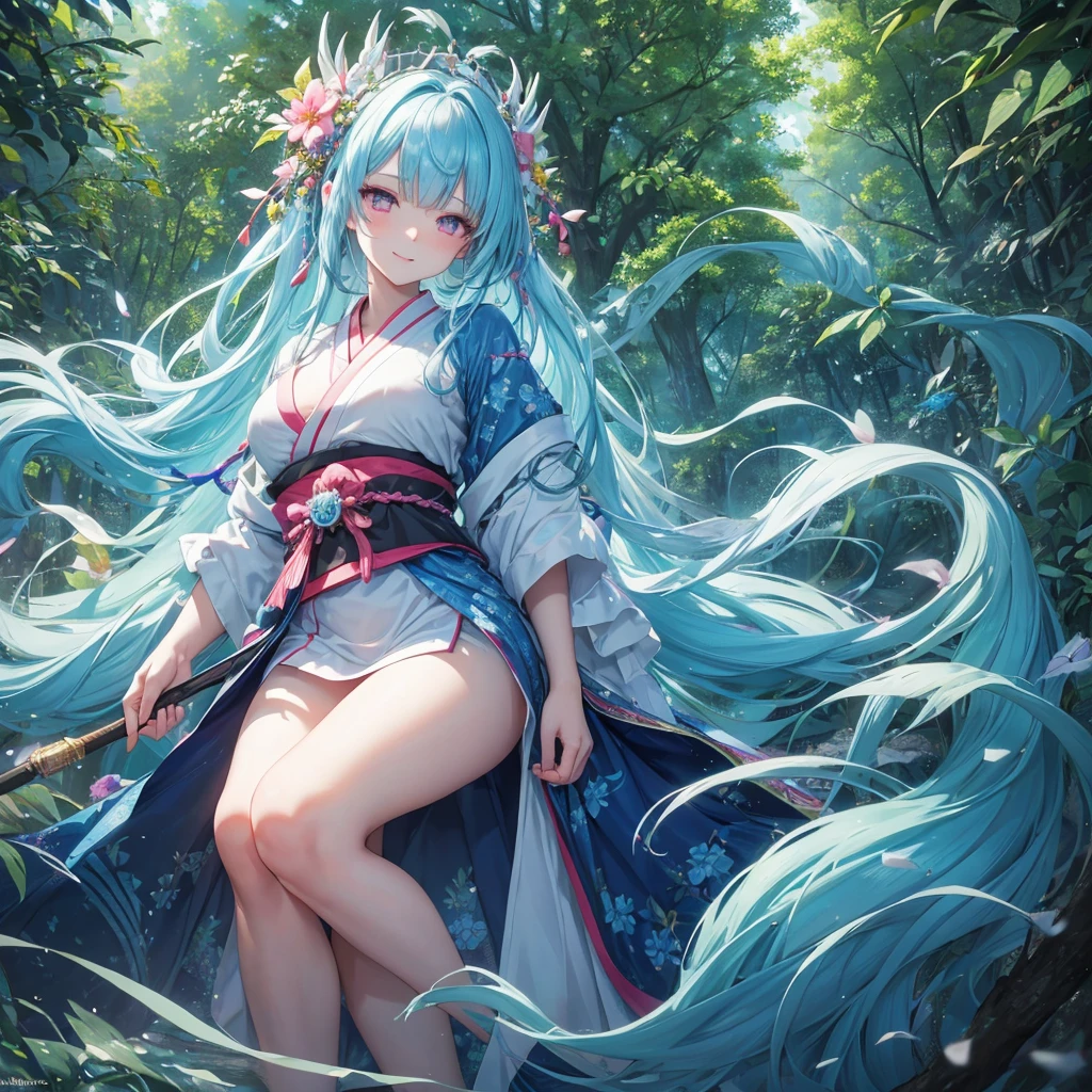 sky Blue hair, (braided ponytail),(pink eyes),fair skin ,(full body),1 girl,smile,white red kimono,Fresh green forest,Forest Goddess,Straight Bangs,(masterpiece, best quality, ultra-detailed, best shadow), (detailed background), (beautiful detailed face), high contrast, (best illumination, an extremely delicate and beautiful), ((cinematic light)), colorful, hyper detail, dramatic light, intricate details,guardian of the forest,Leaf Blizzard,high quality,