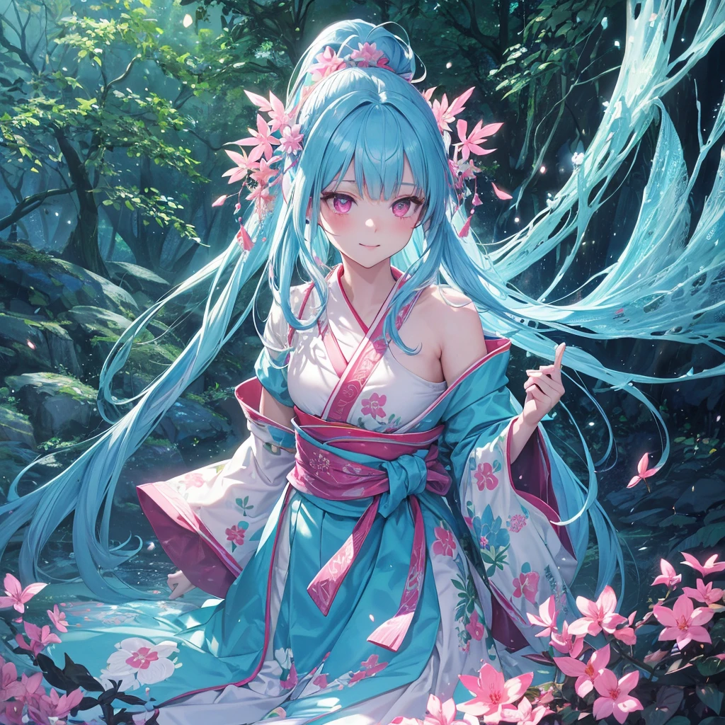 sky Blue hair, (braided ponytail),(pink eyes),fair skin ,(full body),1 girl,smile,white red kimono,Fresh green forest,Forest Goddess,Straight Bangs,(masterpiece, best quality, ultra-detailed, best shadow), (detailed background), (beautiful detailed face), high contrast, (best illumination, an extremely delicate and beautiful), ((cinematic light)), colorful, hyper detail, dramatic light, intricate details,guardian of the forest,Leaf Blizzard,high quality,
