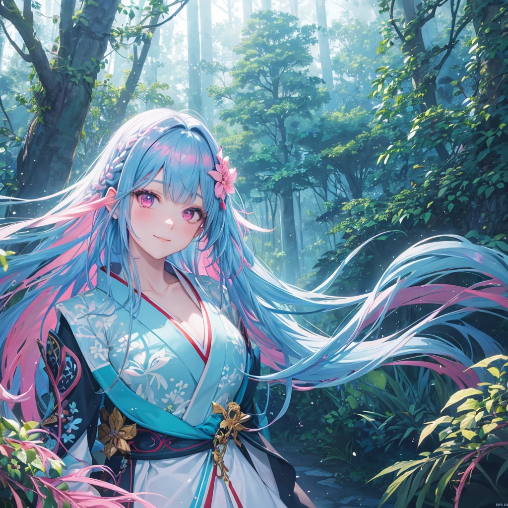 sky Blue hair, (braided ponytail),(pink eyes),fair skin ,(full body),1 girl,smile,white red kimono,Fresh green forest,Forest Goddess,Straight Bangs,(masterpiece, best quality, ultra-detailed, best shadow), (detailed background), (beautiful detailed face), high contrast, (best illumination, an extremely delicate and beautiful), ((cinematic light)), colorful, hyper detail, dramatic light, intricate details,guardian of the forest,Leaf Blizzard,high quality,