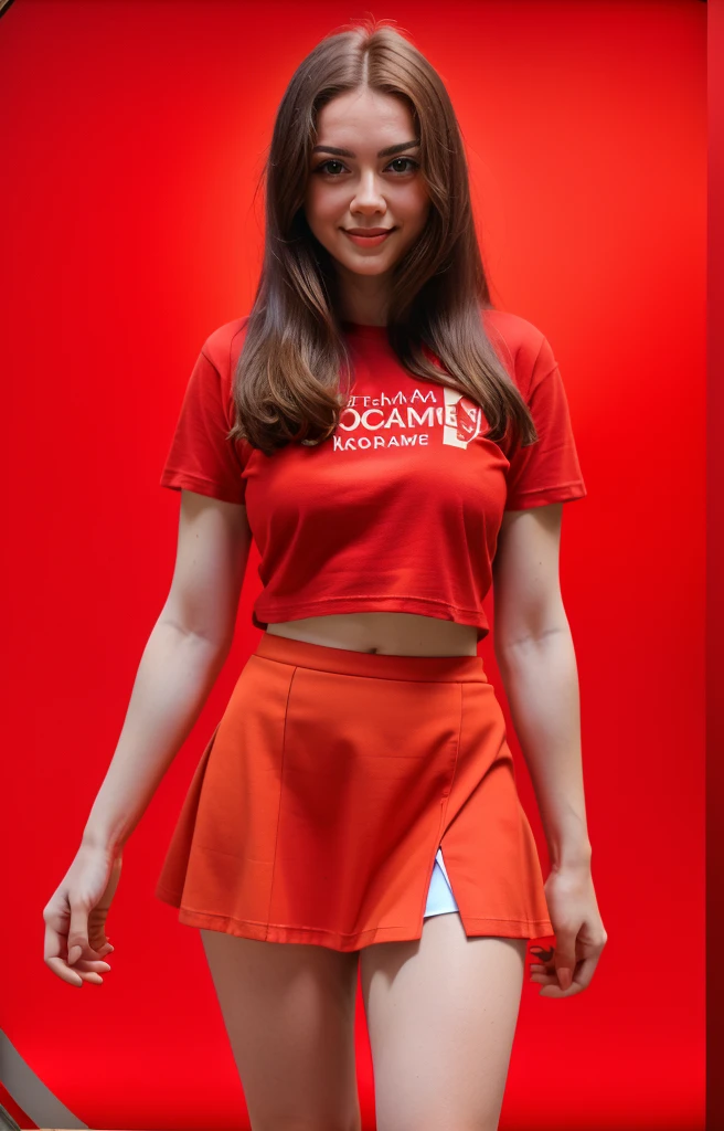 analog film photo solo, gstyle, realistic, ((red shirt)), (((LONG hair))), (((happy512))), (((short skirt , t-shirt, and miniSKIRT.))), ((Simple Light red background:1.5)), ((dynamic pose)), high detailed, 8k, clear facial features, skin zehragunes . faded film, desaturated, 35mm photo, grainy, vignette, vintage, Kodachrome, Lomography, stained, highly detailed, found footage