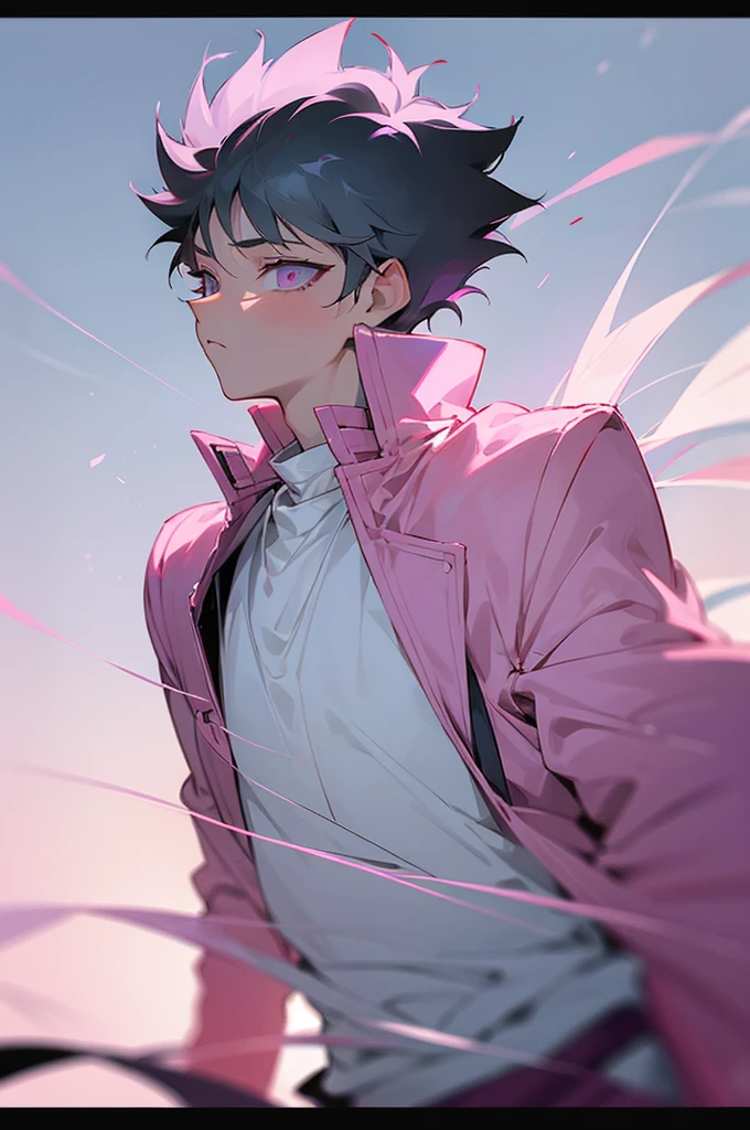 1boy, killua_zoldyck, solo, focus, , walking, looking down, worried, pink jacket, white shirt, shorts, upper body, from side, small town, soft light, looking at viewer
