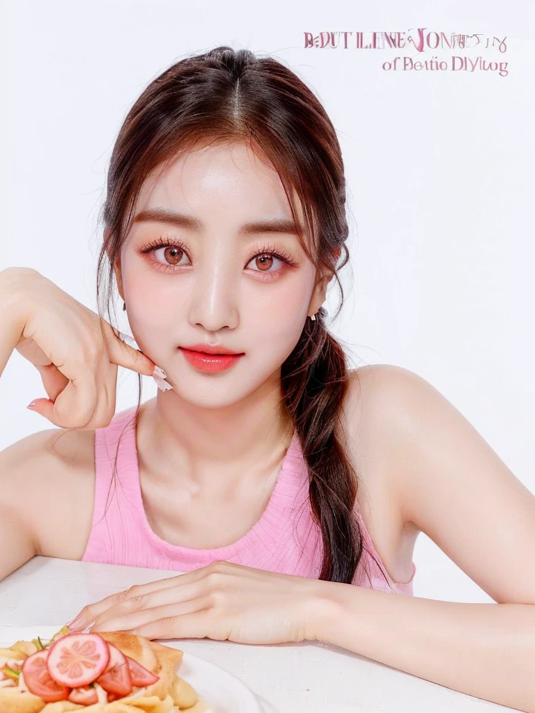 There is a woman sitting at a table with a plate of food, dilraba dilmurat, tzuyu of two times, jaeyeon nam, pale korean adorable face, parque me, heonhwa choe, with a cute face - fine, jinyoung shin, South Korean popular makeup, Popular Korean makeup, bae suzy, Lee Ji Eun