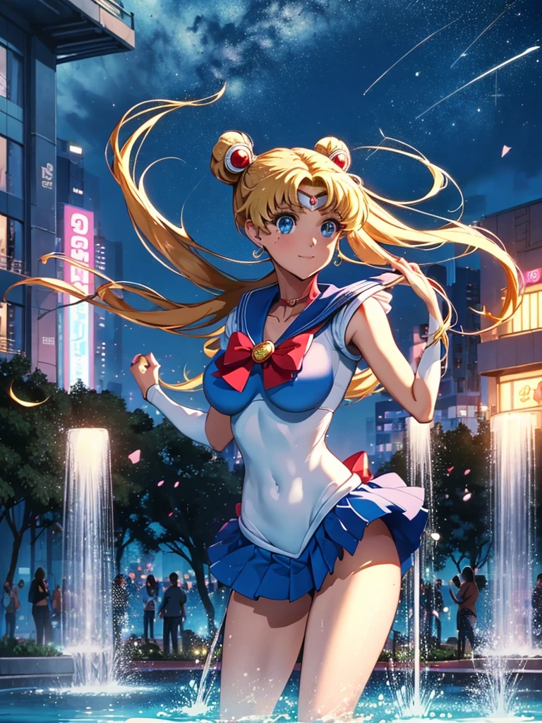 (High quality, 32k anime ultra HD, 1980s /(style/), retro art style, highly detailed, perfect anatomy), ((sailor moon, Tsukino Usagi)), 1 girl, solo, (blonde hair, short hair, pigtails, center parted bangs, hair blowing in the wind), (blue eyes, beautiful, super detailed), slightly open mouth, smiling, cowboy shot, (big boobs:1.3, firm chest, beautiful breasts), thin waist: 1.0, wide hips 1.2, big ass: 1.2, (dancing, fluttering, in the air, legs spread, in front of fountain), looking at viewer, (park background, night, big fountain, lighted street lamp, lamplight), (front view, from below), core_9_up, score_8_up, score_7_up, score_6_up,