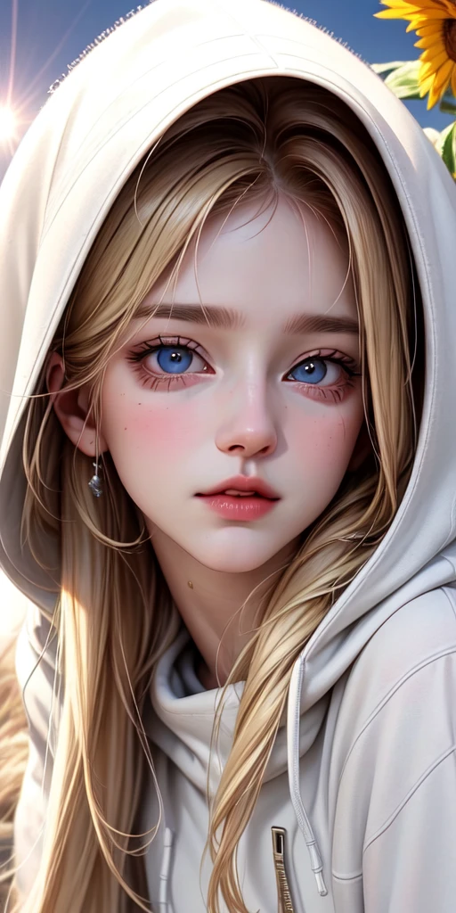 realistic, 1woman, blond hair, brown eyes, glowing eyes, white hoodie, pant, night, flowers, sun, sunlight, mature woman in her twenties, small sharp fierce eyes, not close up picture, beautiful but not cute, woman