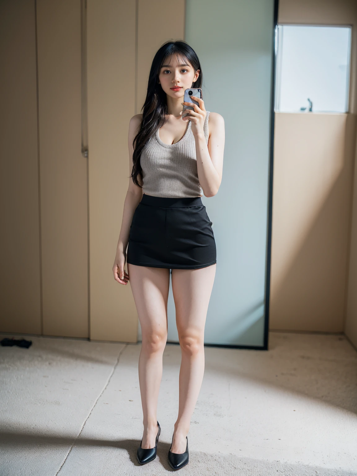 RAW photo, bokeh (realism: 1.4, realistic), high detail CG unified 8K wallpaper, 1girl, (HQ skin: 1.4), 8k uhd, dslr, front lighting, high quality, Fujifilm XT3, 21 years old female with long hair,((slim body, skinny, natural breast)),(((height:163cm))), ((wearing knit tank top, black short skirt,cleavage)),((take selfie)), (looking at viewer), ((ultra detailed room background))), ((full body:1.6))