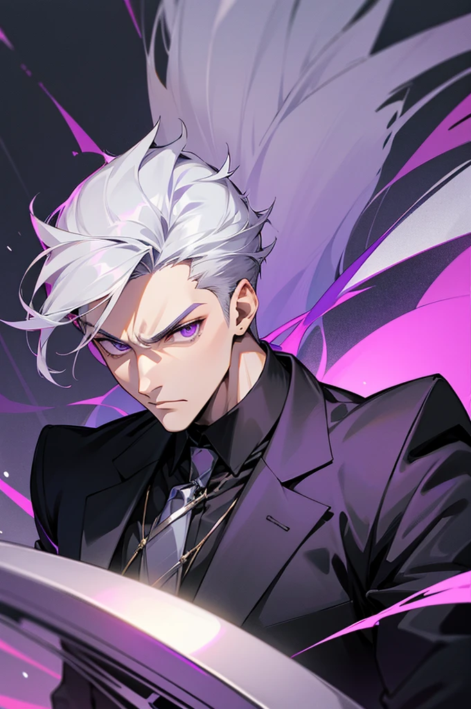 Young man, grey hair, purple eyes, serious face, modern style, handsome man, cool boy, bad boy
