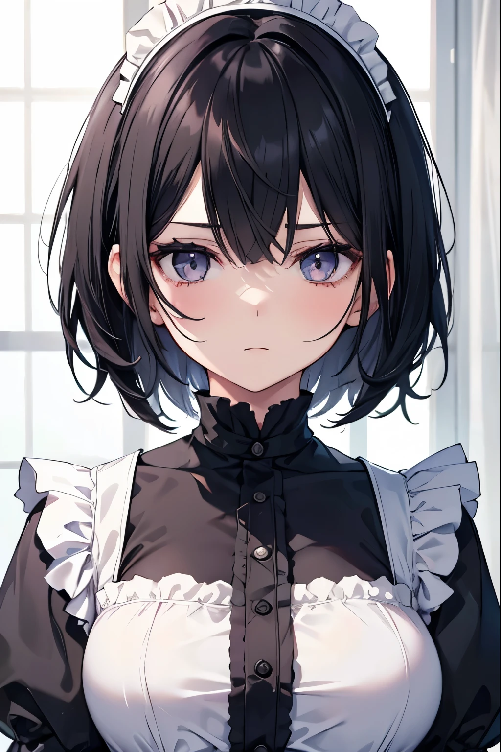 1girl, black hair, medium short hair, expressionless face, cold face, black eyes, maid outfit, (((face only))), large breasts, maid crown