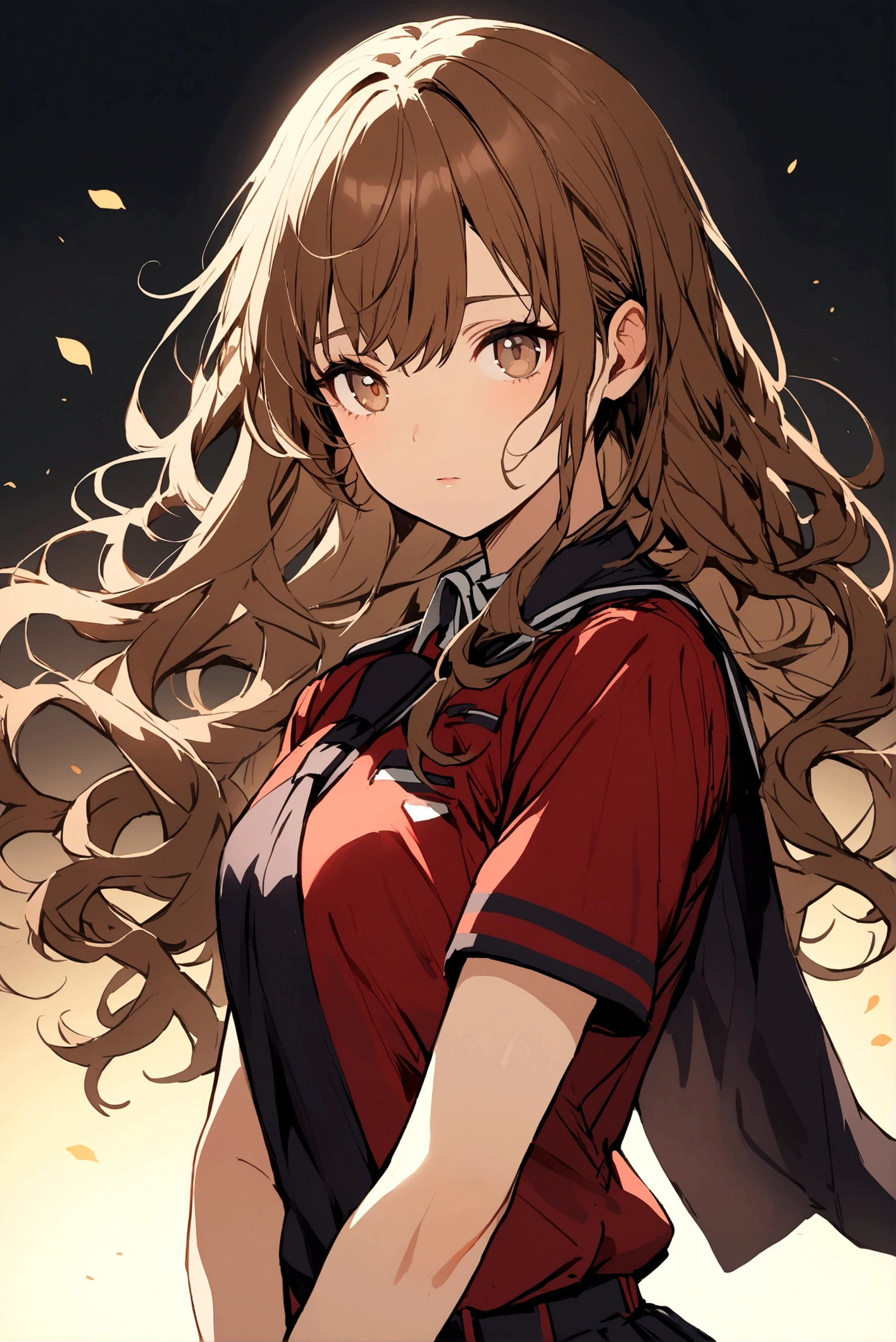 a girl with brown hair, long and wavy, light skinned, Light brown eyes, with the UA uniform