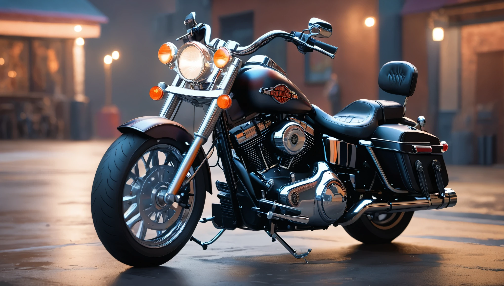 a detailed harley davidson motorcycle, empty environment, (best quality,4k,8k,highres,masterpiece:1.2),ultra-detailed,(realistic,photorealistic,photo-realistic:1.37),studio lighting,ultra-fine painting,sharp focus,physically-based rendering,extreme detail description,professional,vivid colors,bokeh,dramatic lighting,moody atmosphere,cinematic,epic scale