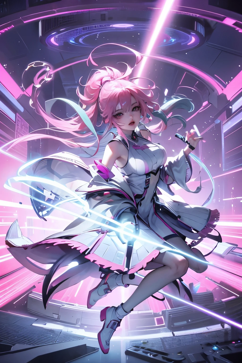 Cyberpunk, Pink Hair, Futurism, Surreal, Ultra wide angle, Wide-angle lens, look up, Dynamic Movement, Expressive, Full of energy, The Sacred Edge, Laser holographic images
