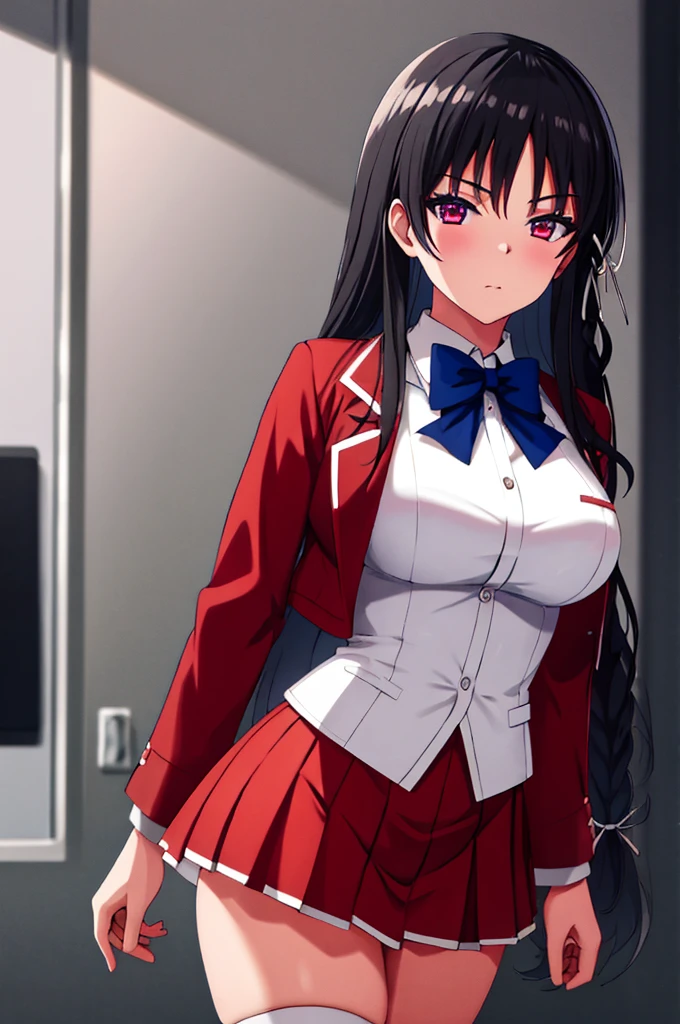 (masterpiece:1.3), (best quality:1.1), (8k, ultra detailed, ultra high res:1.2), (anime style), perfect 5 fingers, perfect anatomy, arms behind back,
1girl,
Suzune Horikita,
Suzune Horikita \(youjitsu\),
BREAK long hair, braid,
black hair,
red eyes, (focus detailed eyes:1.2),
blue bow,
(medium breasts:0.9),
BREAK red jacket, long sleeves, white skirt, pleated skirt, black thigh-high socks,
looking at viewer,
cowboy shot,
perfect light, indoor, class room,