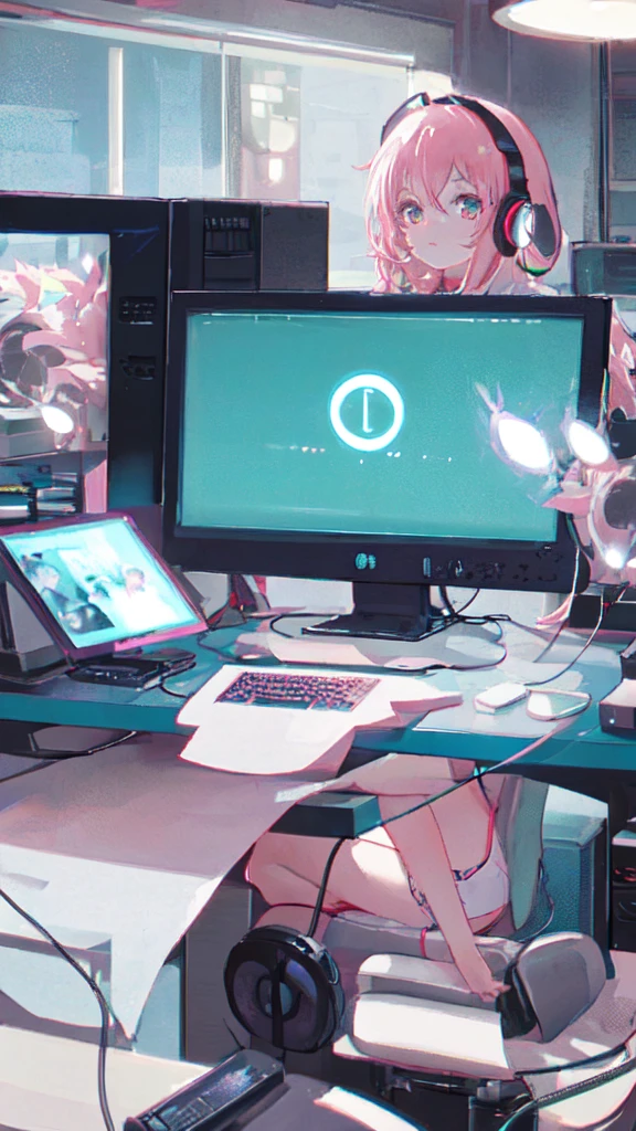 Create a detailed and cohesive anime-style illustration. The scene should depict a woman wearing headphones, sitting at a desk, and looking at a computer screen as she researches. The setting should have a cozy, Lofi music-inspired atmosphere. Through the window behind her, show a serene night scene. The woman should be focused on the computer, with soft lighting illuminating her and the surroundings, emphasizing a calm and productive mood.
