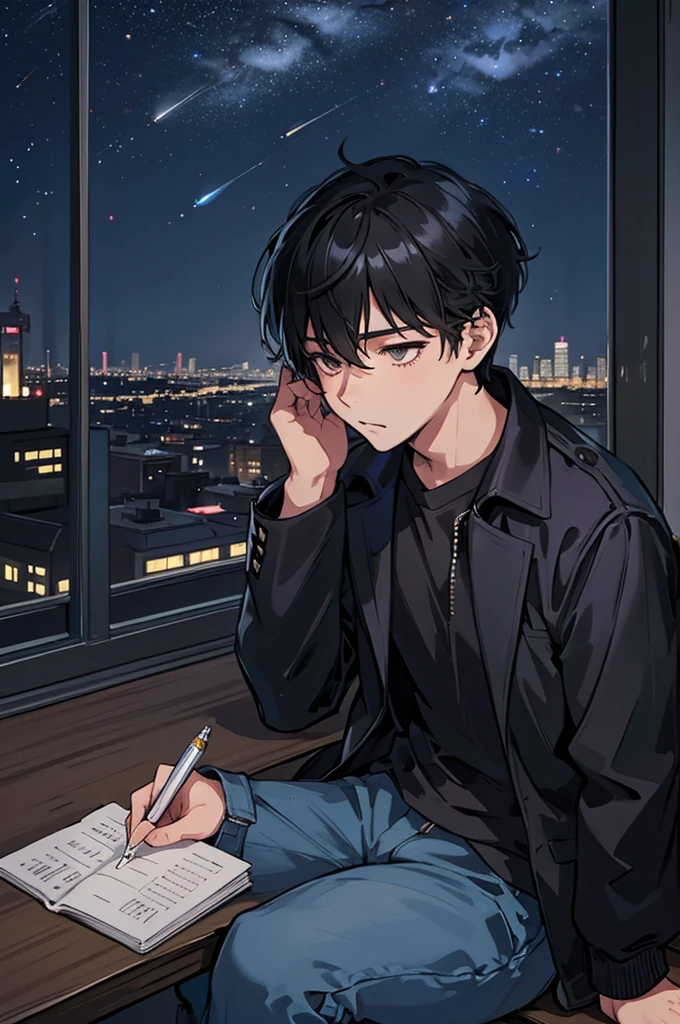 high quality, Draw Amount, Pixiv illustration, Scene with handsome young man looking at night sky from city rooftop. He is sitting on the edge of the rooftop under the stars, Wear a jacket and denim pants for a casual look. His expression is thoughtful, Looking into the distance. Beside him, There is a small notebook and a pen., And he was々Write something down. The night view of the city is shown in the background., The lights of the distant buildings twinkle. This scene captures a moment of solitude away from the hustle and bustle of the city., It depicts a young man lost in his thoughts and dreams under the night sky.