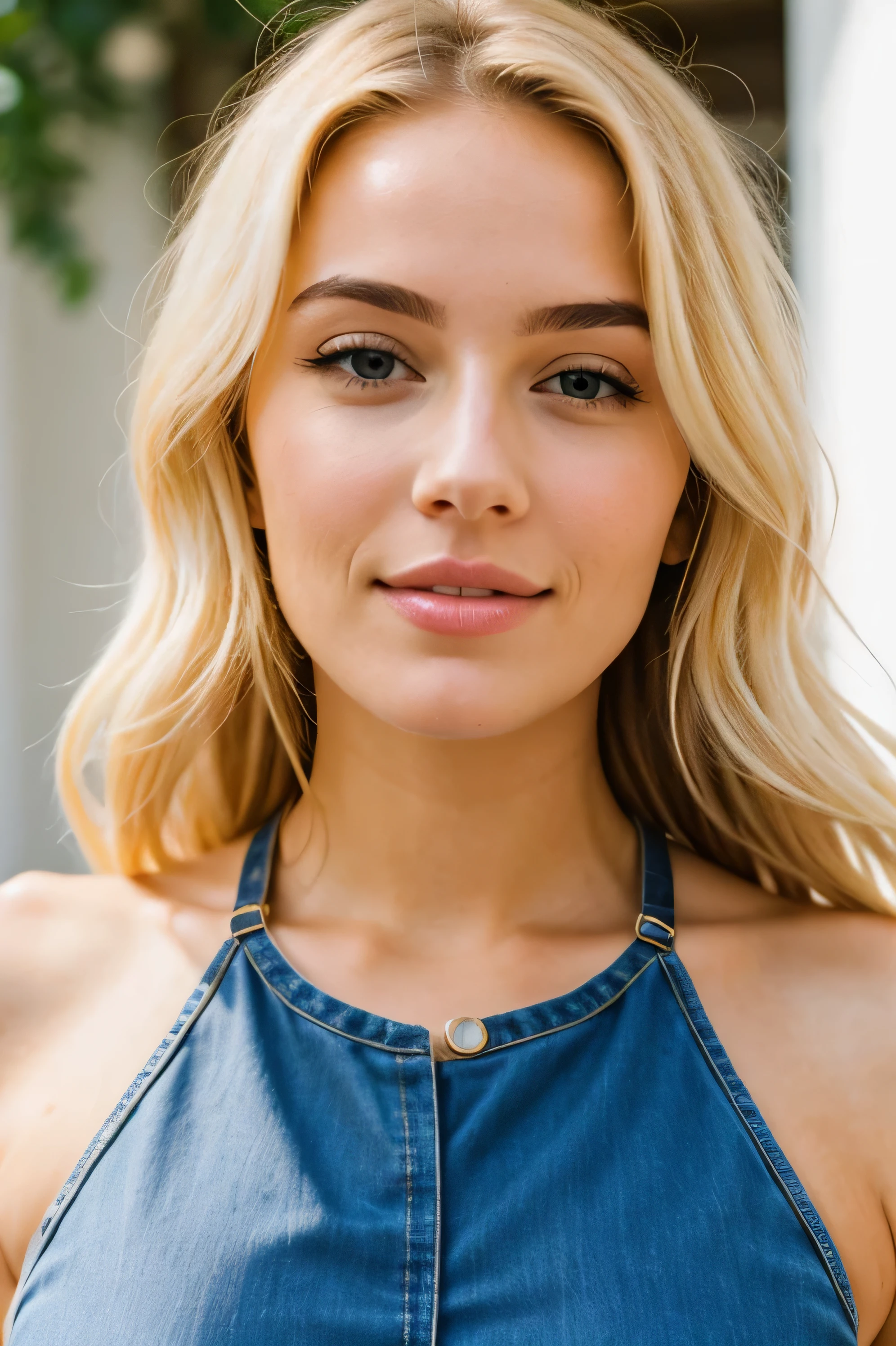 Close-up of blonde woman head in crop top