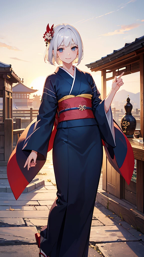 (((top quality, 8k, masterpiece))), crisp focus, (beautiful woman with perfect figure), slender, (hairstyle: up)), ((kimono: Kara)), street: 1.2 Highly detailed face and skin texture Detailed eyes Double eyelids random posture, (smile),super cute Japan person,super beauty Japanese girl, realistic face, double eyelid,smile,summer festival , at sunset ,fire-works back-ground. 1 girl, megami magazine, white hair, short hair