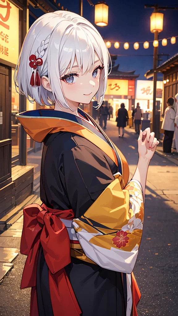 (((top quality, 8k, masterpiece))), crisp focus, (beautiful woman with perfect figure), slender, (hairstyle: up)), ((kimono: Kara)), street: 1.2 Highly detailed face and skin texture Detailed eyes Double eyelids random posture, (smile),super cute Japan person,super beauty Japanese girl, realistic face, double eyelid,smile,summer festival , at sunset ,fire-works back-ground. 1 girl, megami magazine, white hair, short hair
