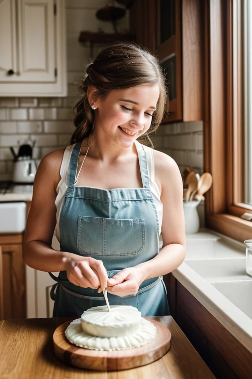 Medium Shot, late afternoon, (Scarlett Emerson icing a cake, pleased expression), warm, soft lighting, (in a cottage kitchen, wooden counters, herb garden view), (50mm lens, Canon EOS 5D Mark IV, lush details, professional, lifestyle photography, trending on Instagram), by Sally Mann and Dorothea Lange and Gregory Crewdson