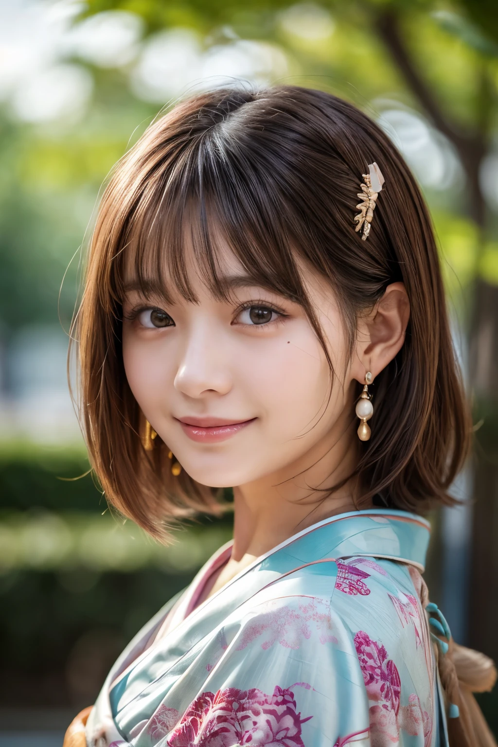 Upper Body、Beauty、Well-formed face、Wearing a gorgeous Japanese kimono、20-year-old、Uniform eyes、Small face、, light brown hair, hair over shoulder, parted bangs, straight hair, expressive hair, shiny hair, earrings, seductive smile, kanzashi, nihongami, Surrealism, cinematic lighting, first-person view, pov, f/1.2, Nikon, UHD, textured skin, best quality, highres, 8k