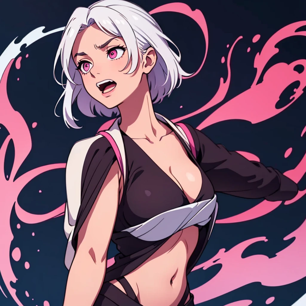 short white hair, highres, high resolution, masterpiece, wide dark pink eyes, looking right, looking towards the right, looking rightward, talking, grinning, confident, masterpiece, best quality, highres, 1 man, Gojo Satoru jujutsu kaisen, wavy hair, white hair, medium short hair, ager, colorful hair, light background, full body, teen, colorful parts, symbols, dark , bold, realistic mixing dark lines and loose lines, bold lines, on paper, human man, full body, imposing pose, stylish outfit, dark theme, beautiful, pretty, modest, standing, male, sharp chin, high cheekbones, white background, highres, high resolution, masterpiece, mouth open screaming, laughing, big laugh, yelling down, looking down