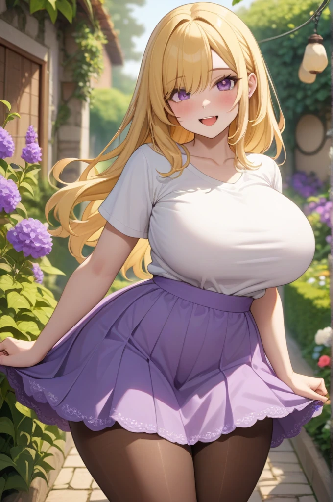 1 girl, purple eyes, pastel yellow hair, the hair covers one eye, wide, big breasts, big thighs, White T-shirt, purple skirt, brown pantyhose, beautiful smile, Open mouth, garden, looking at the viewer, Masterpiece, Best Quality, very aesthetic, absurdities, The newest one, intricate details, intricate, Generated AI