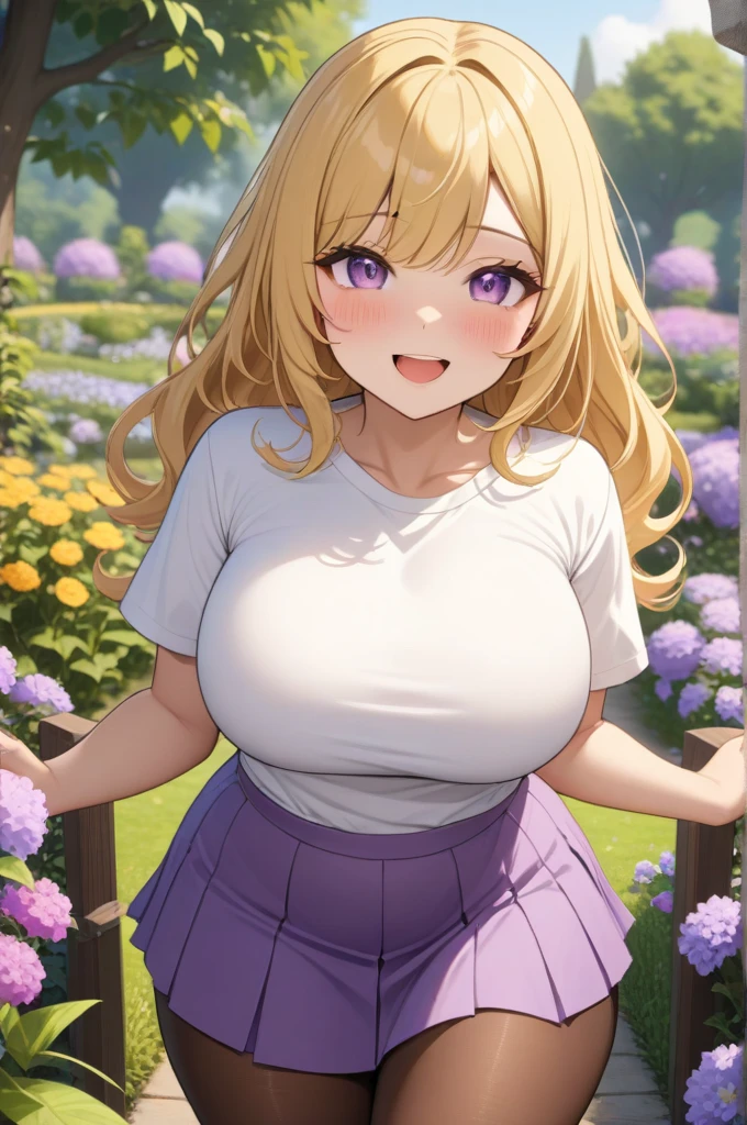 1 girl, purple eyes, pastel yellow hair, the hair covers one eye, wide, big breasts, big thighs, White T-shirt, purple skirt, brown pantyhose, beautiful smile, Open mouth, garden, looking at the viewer, Masterpiece, Best Quality, very aesthetic, absurdities, The newest one, intricate details, intricate, Generated AI