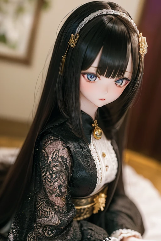 photorealistic, realistic photo, ((highest quality)), ((masterpiece)), ((extremely detailed)), kukolnydom, doll, (mature woman:2), solo, ((from front, seiza, skinny, slender, slim, black kimono, obi, obidome, hair ornament)), green eyes, parted lips, (black hair, long hair, looking at another, almond eyes, blank eyes, empty eyes, detailed eyes, detailed clothes:1.3), Japanese room, 8k