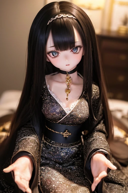 photorealistic, realistic photo, ((highest quality)), ((masterpiece)), ((extremely detailed)), kukolnydom, doll, (mature woman:2), solo, ((from front, seiza, skinny, slender, slim, black kimono, obi, obidome, hair ornament)), green eyes, parted lips, (black hair, long hair, looking at another, almond eyes, blank eyes, empty eyes, detailed eyes, detailed clothes:1.3), Japanese room, 8k
