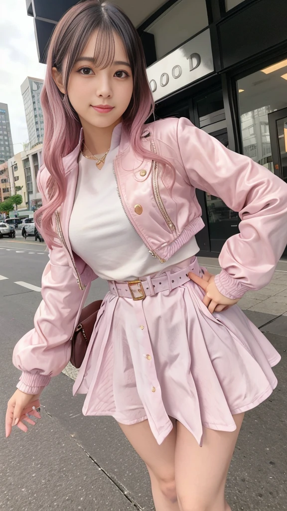 Romantic Idol Girl、whole body、Good style、、、、Gold tight mini dress、Fantastic City、、pink roll hair、Cool hero jacket、Great belt、