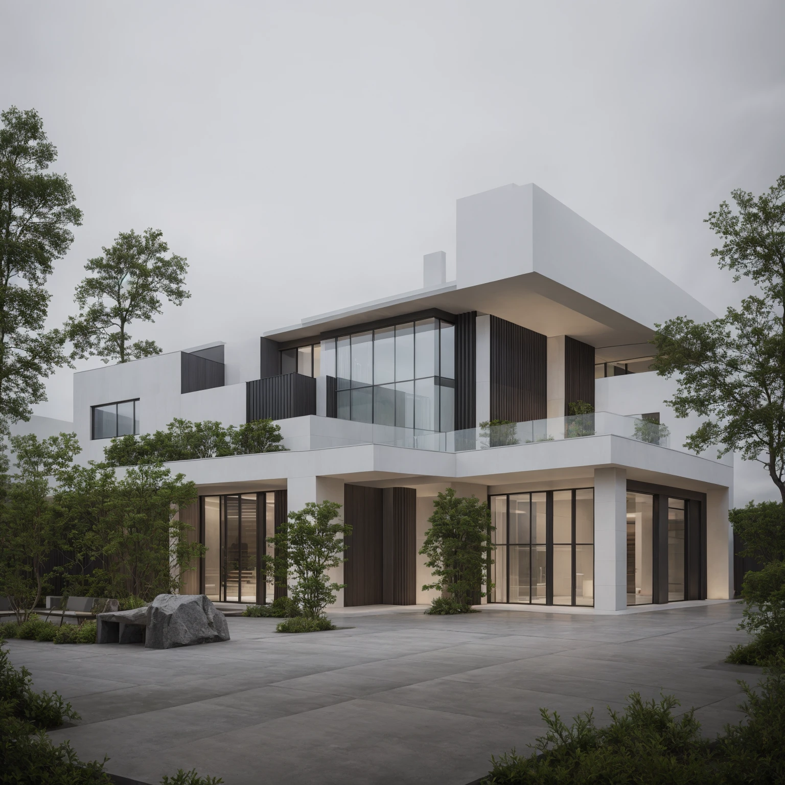 RAW photo, Exterior of two story white modern house, road, ((sidewalk)), ((sidewalk trees)), residences area, dawn time, overcast, fog, tropical trees and plants, (high detailed:1.2), 8k uhd, dslr, soft lighting, high quality, film grain, Fujifilm XT3, (sharpen:1.5)