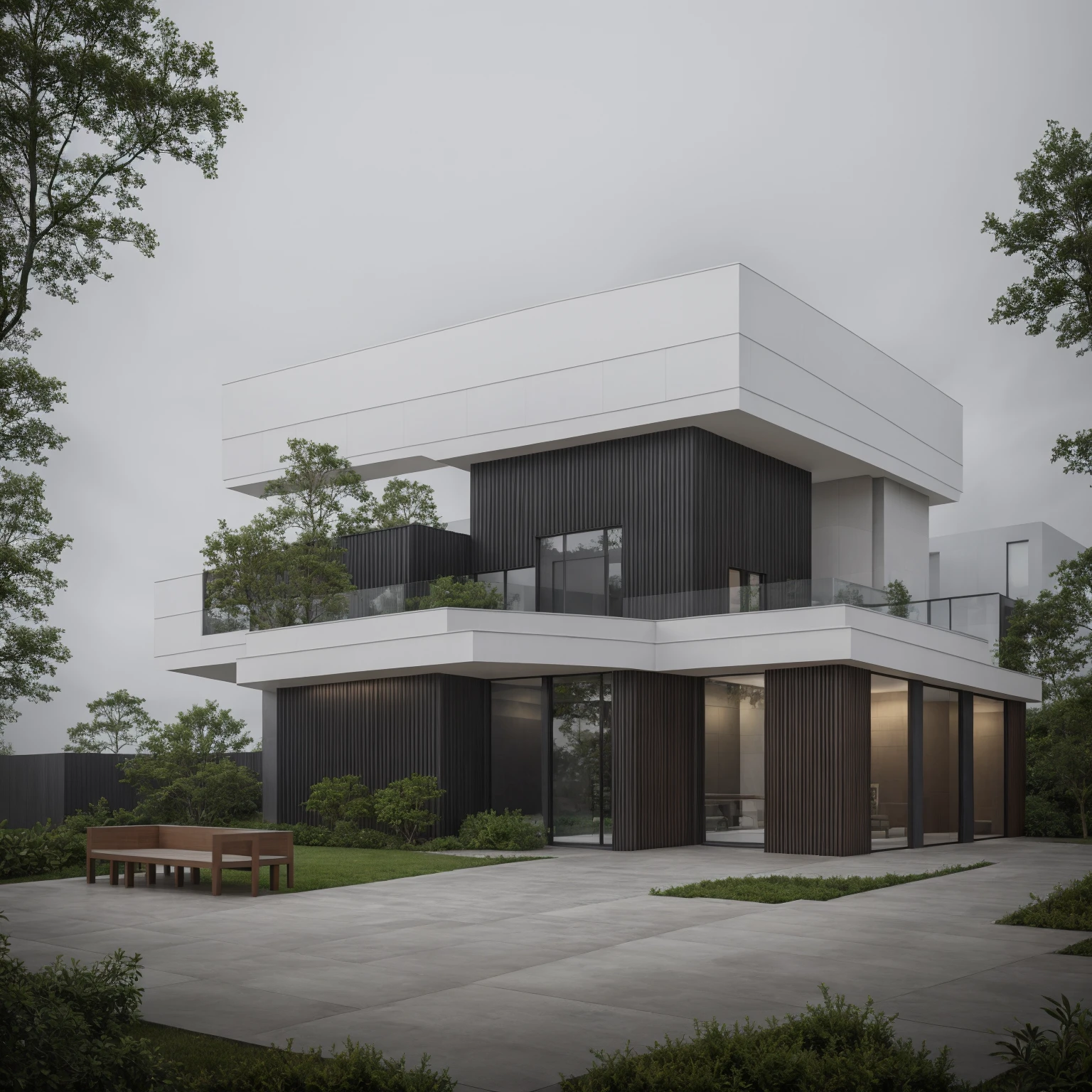 RAW photo, Exterior of two story white modern house, road, ((sidewalk)), ((sidewalk trees)), residences area, dawn time, overcast, fog, tropical trees and plants, (high detailed:1.2), 8k uhd, dslr, soft lighting, high quality, film grain, Fujifilm XT3, (sharpen:1.5)