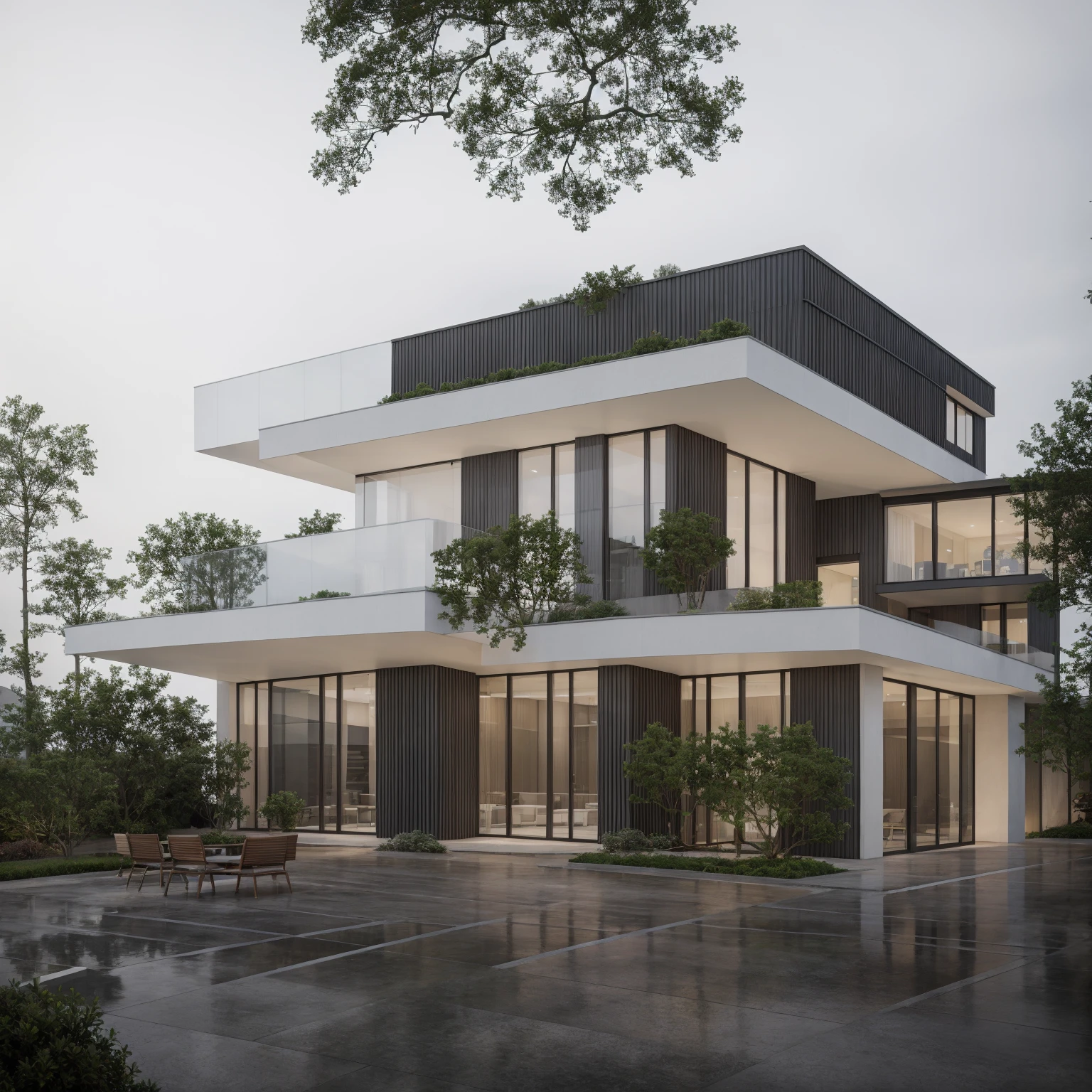 RAW photo, Exterior of two story white modern house, road, ((sidewalk)), ((sidewalk trees)), residences area, dawn time, overcast, fog, tropical trees and plants, (high detailed:1.2), 8k uhd, dslr, soft lighting, high quality, film grain, Fujifilm XT3, (sharpen:1.5)
