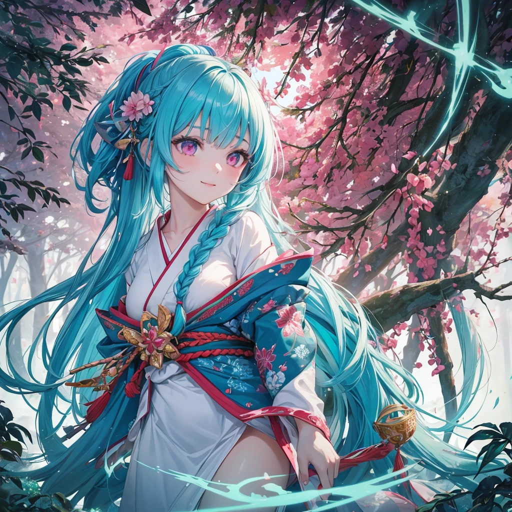 sky Blue hair, (braided ponytail),(pink eyes),fair skin ,(full body),1 girl,smile,white red kimono,Fresh green forest,Forest Goddess,Straight Bangs,(masterpiece, best quality, ultra-detailed, best shadow), (detailed background), (beautiful detailed face), high contrast, (best illumination, an extremely delicate and beautiful), ((cinematic light)), colorful, hyper detail, dramatic light, intricate details,guardian of the forest,Leaf Blizzard,high quality,