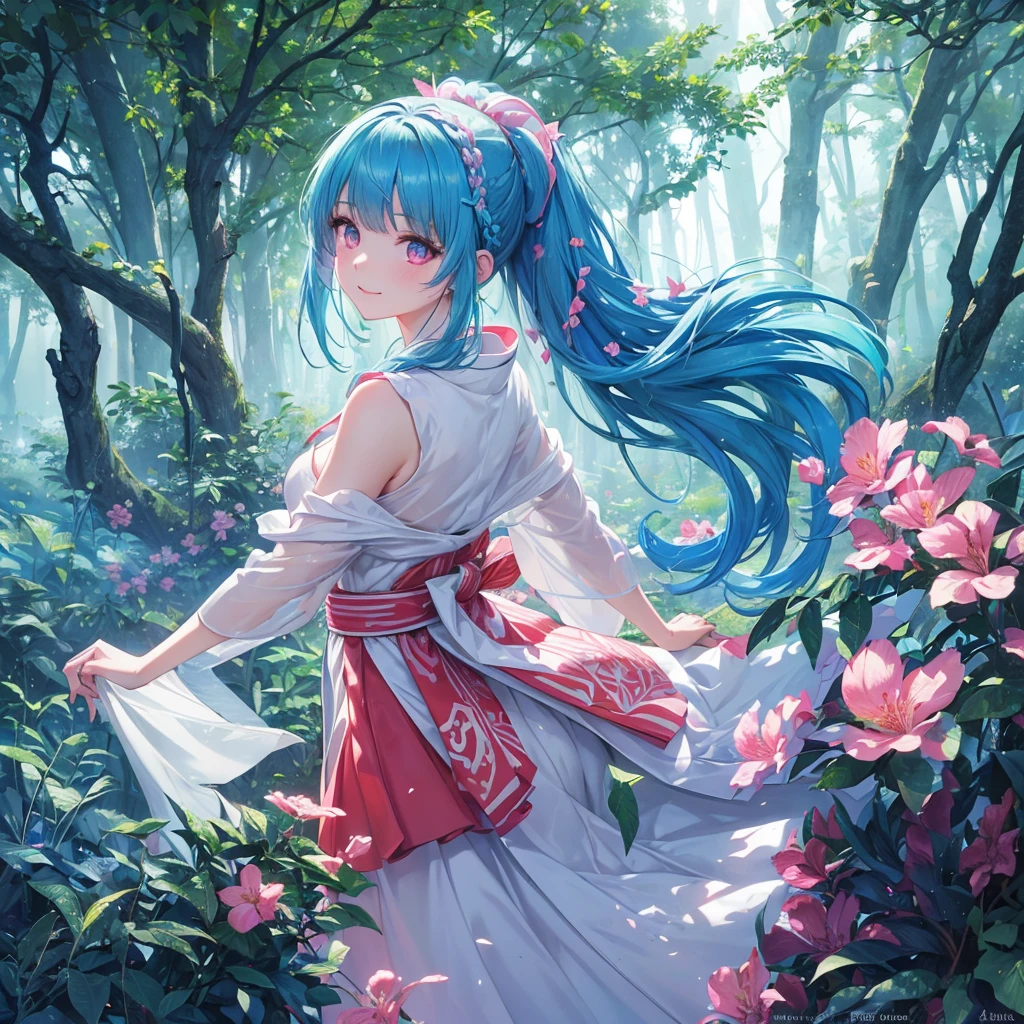 sky Blue hair, (braided ponytail),(pink eyes),fair skin ,(full body),1 girl,smile,white red kimono,Fresh green forest,Forest Goddess,Straight Bangs,(masterpiece, best quality, ultra-detailed, best shadow), (detailed background), (beautiful detailed face), high contrast, (best illumination, an extremely delicate and beautiful), ((cinematic light)), colorful, hyper detail, dramatic light, intricate details,guardian of the forest,Leaf Blizzard,high quality,