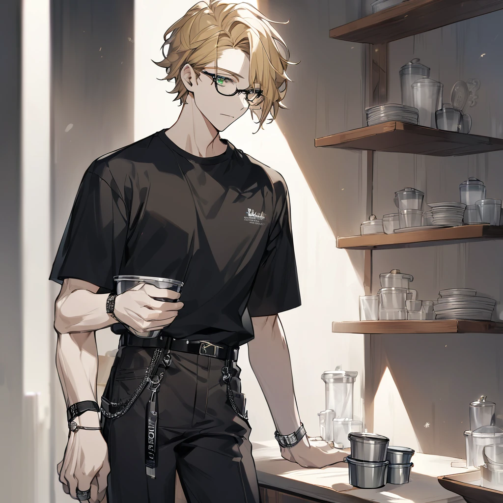 A beautiful young man, sunflower blonde hair, green eyes, snow white skin, slightly muscular, wears a black short-sleeved t-shirt with a round neck, along with glasses. The pants are light beige and are fastened with a black belt. On the left wrist, notice a silver watch. The right hand holds what appears to be a cup or container with a lid.