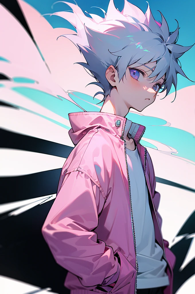 1boy, killua_zoldyck, solo, focus, , walking, looking down, worried, pink jacket, white shirt, shorts, upper body, from side, small town, soft light, looking at viewer, arms in pockets