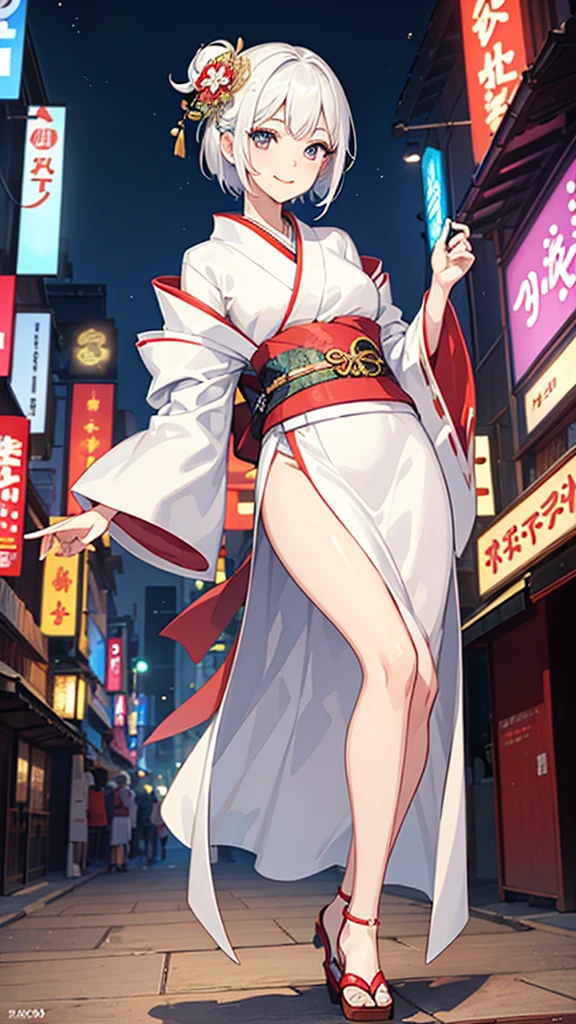 (((top quality, 8k, masterpiece))), crisp focus, (beautiful woman with perfect figure), slender, (hairstyle: up)), ((kimono: Kara)), street: 1.2 Highly detailed face and skin texture Detailed eyes Double eyelids random posture, (smile),super cute Japan person,super beauty Japanese girl, realistic face, double eyelid,smile,summer festival , at sunset ,fire-works back-ground. 1 girl, megami magazine, white hair, short hair