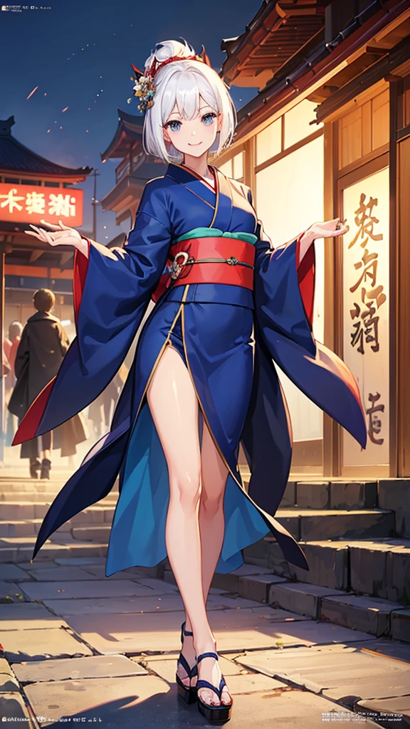 (((top quality, 8k, masterpiece))), crisp focus, (beautiful woman with perfect figure), slender, (hairstyle: up)), ((kimono: Kara)), street: 1.2 Highly detailed face and skin texture Detailed eyes Double eyelids random posture, (smile),super cute Japan person,super beauty Japanese girl, realistic face, double eyelid,smile,summer festival , at sunset ,fire-works back-ground. 1 girl, megami magazine, white hair, short hair