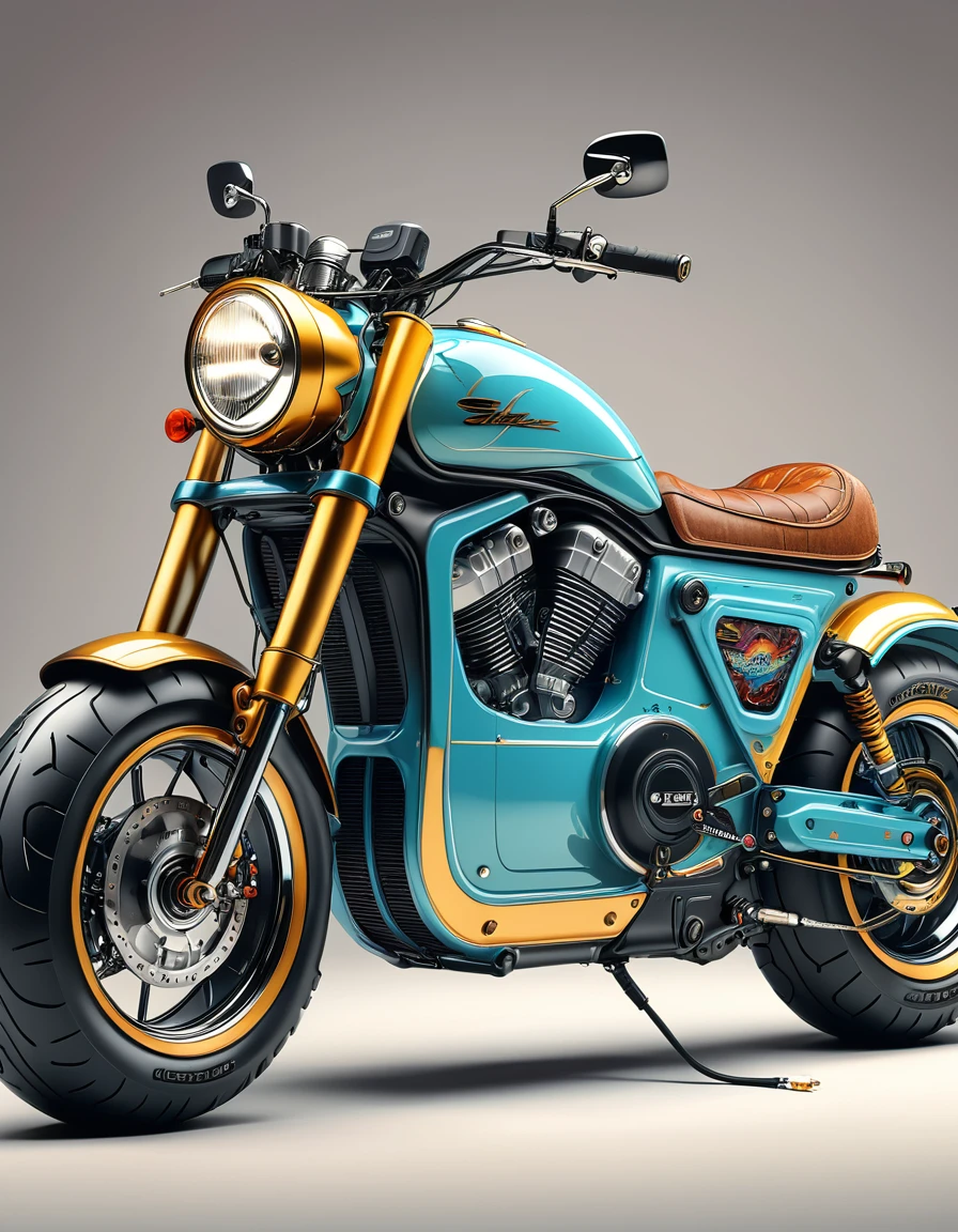 a retro-colored, digital illustration style, an electric motorcycle (with a novel, unique style), (with a perfect anatomical structure), masterpiece, extremely detailed, photorealistic, best quality, exquisite texture, high-quality artwork by a master artist，Exaggerated tire details，，Leather cushion，