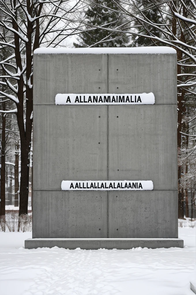 a concrete sign, in a snowfall, with the words “Alcamoth Arlántia”.