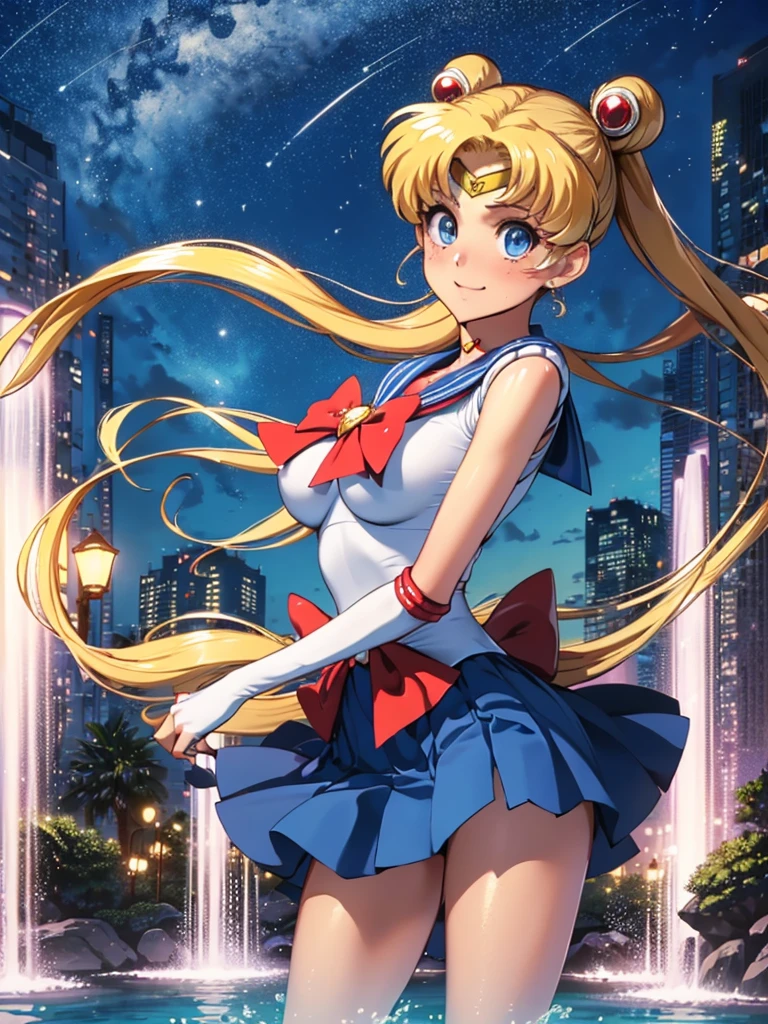 (High quality, 32k anime ultra HD, 1980s /(style/), retro art style, highly detailed, perfect anatomy), ((sailor moon, Tsukino Usagi)), 1 girl, solo, (blonde hair, short hair, pigtails, center parted bangs, hair blowing in the wind), (blue eyes, beautiful, super detailed), slightly open mouth, smiling, cowboy shot, (big boobs:1.3, firm chest, beautiful breasts), thin waist: 1.0, wide hips 1.2, big ass: 1.2, (dancing, fluttering, in the air, legs spread, in front of fountain), looking at viewer, (park background, night, big fountain, lighted street lamp, lamplight), (front view, from below), core_9_up, score_8_up, score_7_up, score_6_up,