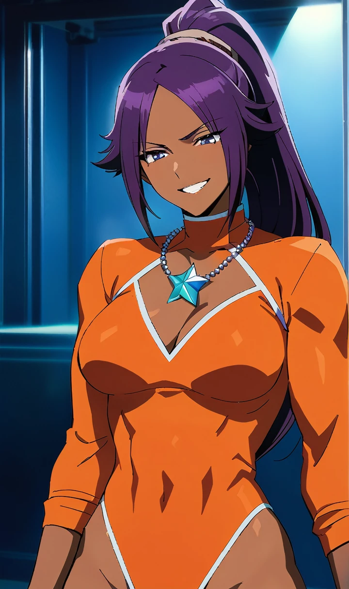Yoruichi, long hair, purple hair, ponytail, dark-skinned female, parted bangs, dark skin, 1girl,medium breasts,orange shirt, anime screencap,best quality, masterpiece, blue eyes, muscular female, big muscles, wearing a magical Silver necklace with a Star-shaped cutout around her neck, futa, has a penis on her crotch, I would strike a confident and sassy pose with a grin on my face
