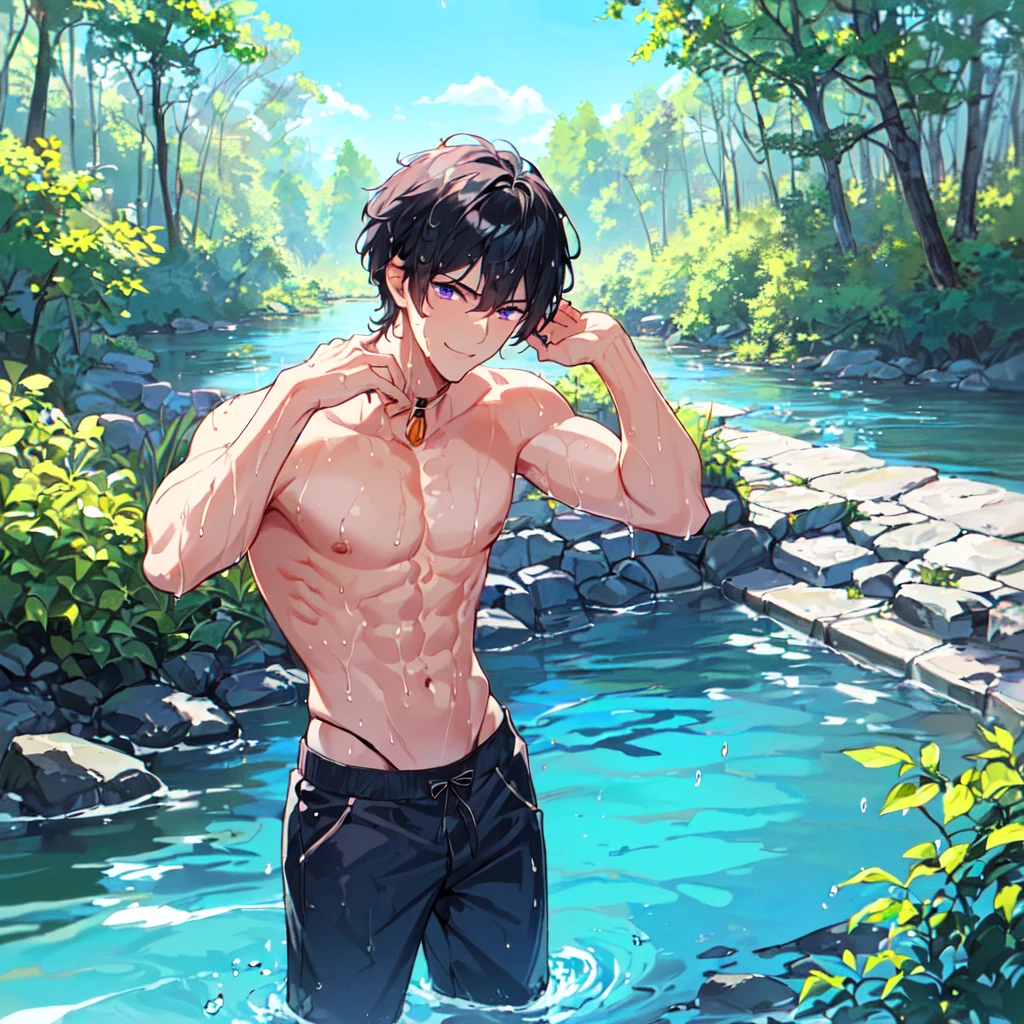 masterpiece,best quality,high quality,extremely detailed,(male austere handsome one solo adult age 30 years old:1.5),(purple eyes, cool with suspended eyes), body strong and fearless 8.5 head tall and 185cm tall,(well-groomed black hair short hair to neck:1.4), (bangs parted in 7 thirds:1.4), (pectoral and rectus abdominis:1.3), slender nose, facial muscles, (saltwater pants:1.3), (hand on neck:1.3), (scowling smile:1.3), (bathing and wet:1.3), (stylish pose), (background summer river and forest:1.3), ( blue sky:1.3)
